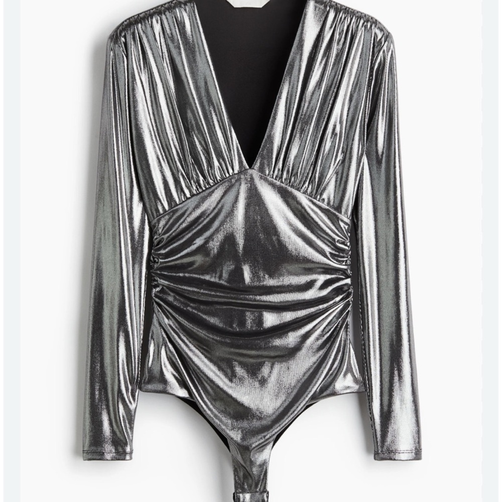NWT Metallic Silver Stretchy Thong Bodysuit